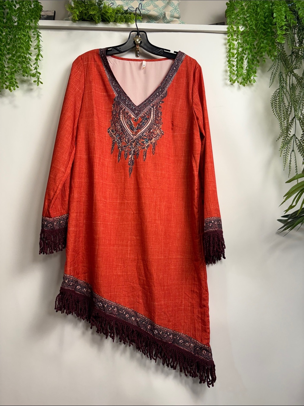 Source Unknown Red Midi Dress with Burgundy Trim